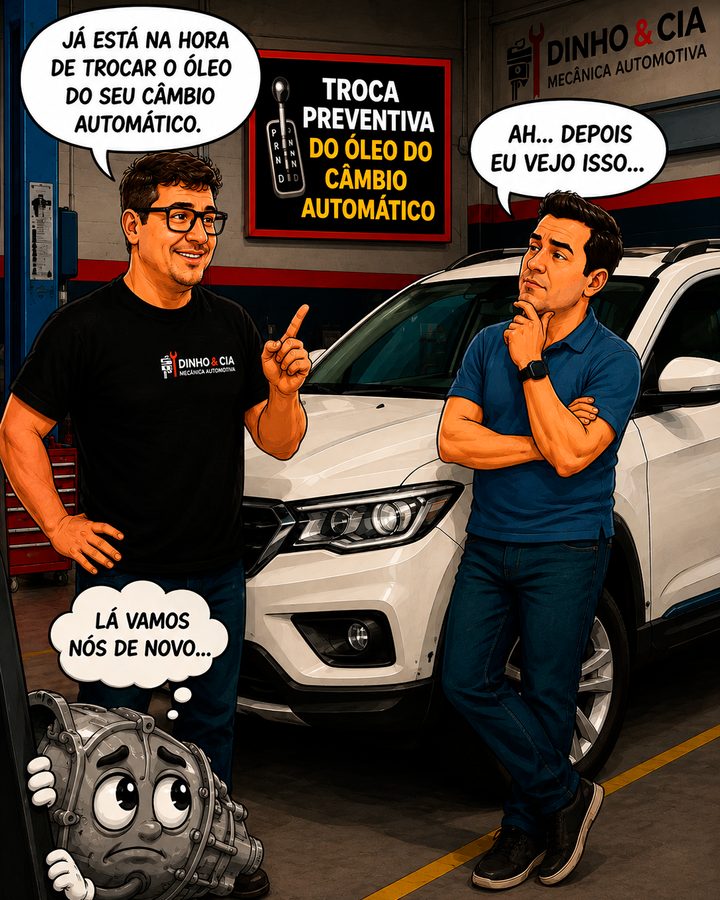 Carrossel da Dinho & Cia, parte 1: o mecânico avisa que está na hora de trocar o óleo do câmbio automático e o cliente deixa pra depois